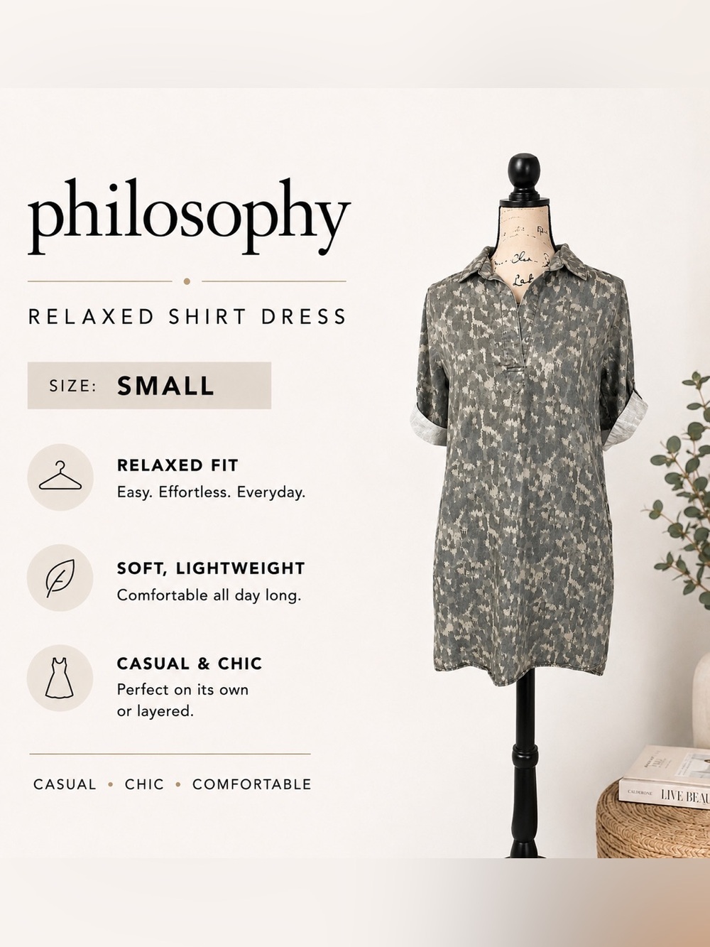 Philosophy Tunic shift Dress with pockets camo
